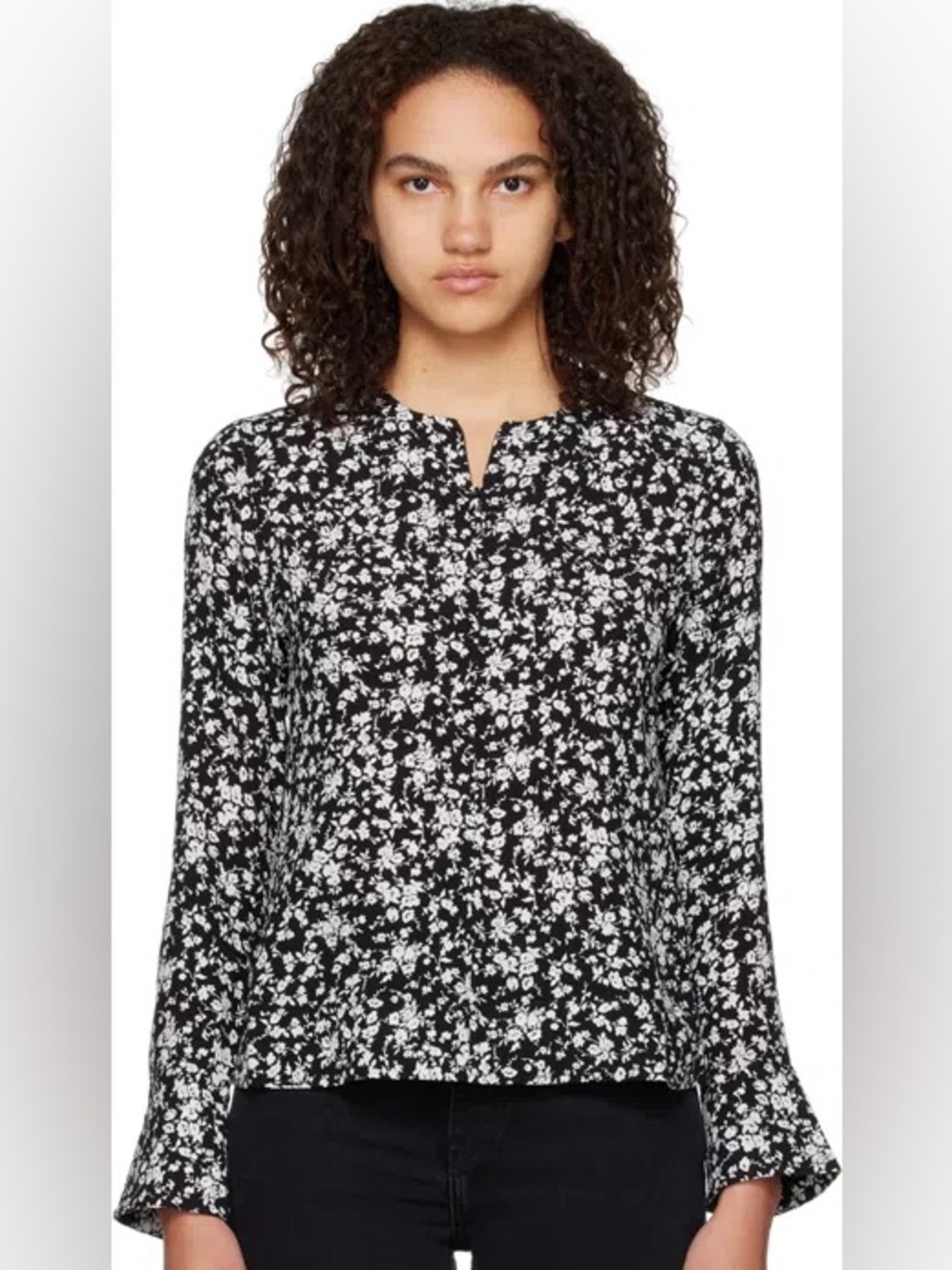 Silky Blouse Split V-Neckline Black & White Print Sz M